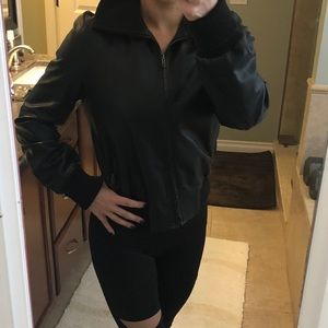 Black leather bomber jacket